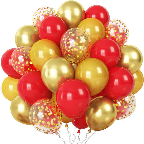 60 Pieces Balloons Red and Gold, 12 Inch Ruby Red Metallic Chrome Gold Pearl Gold Confetti Latex Balloons, Retro Red Gold Party Balloons for Weddi...