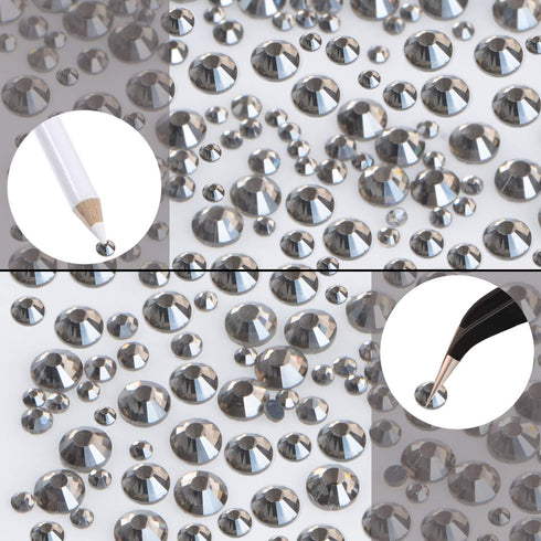 LPBeads 6400 Pieces Hotfix Rhinestones Transparent Black Flat Back 5 Mixed Sizes Crystal Round Glass Gems with Tweezers and Picking Rhinestones Pe...