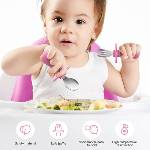 2 Pcs Toddler Utensils Forks and spoons set, Stainless Steel Childrens Silverware for Safe flatware Metal Kids Cutlery set with Round Handle, BPA ...
