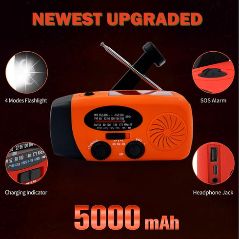 5000mAh Weather Emergency Radio, Portable Solar AM/FM/NOAA Hand Crank Radio, Cell Phone Charger with SOS, 1W LED Flashlight, Headphone Jack, Power...