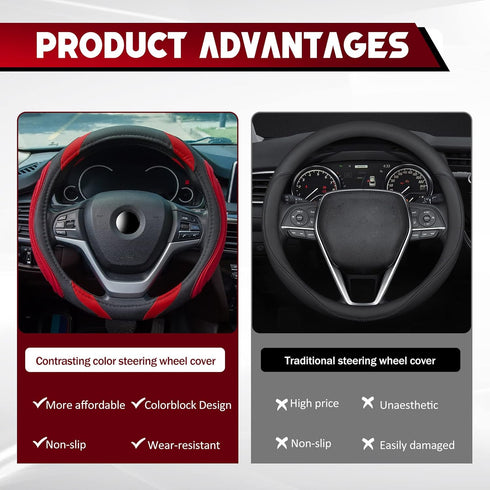 XCBYT Steering Wheel Cover - 14.5-15 Inch Car Microfiber Leather Steering Wheel Wrap Black Red Sports Fan Design Non-Slip for Man Women...