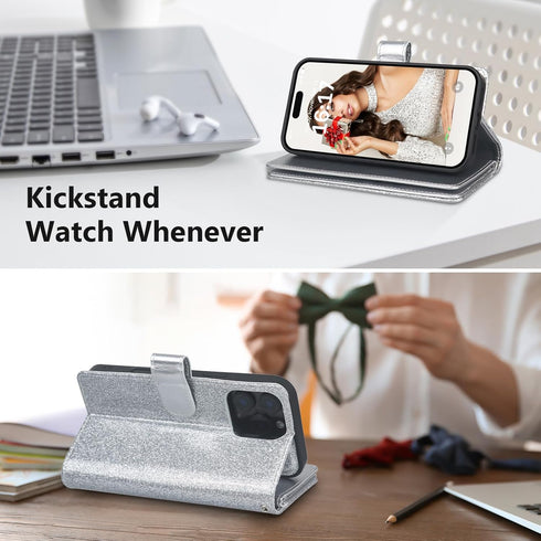 Varikke for iPhone 13 Pro Wallet Case Detachable with Card Holder for Women, Fashion Glitter PU Leather Strap Strong Magnetic Flip Wallet Removabl...