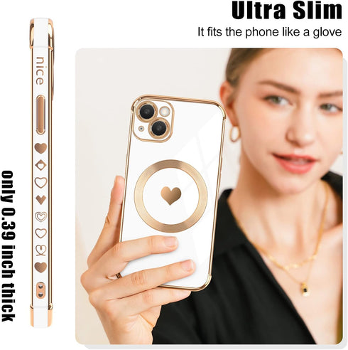 for iPhone 13 Magnetic Case, Luxury Cute Love Heart Design Plating Edge Case with MagSafe for Women Girls Soft TPU Shockproof Full Protective Case...