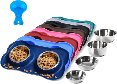 Hubulk Pet Dog Bowls 2 Stainless Steel Dog Bowl with No Spill Non-Skid Silicone Mat + Pet Food Scoop Water and Food Feeder Bowls for Feeding Small...