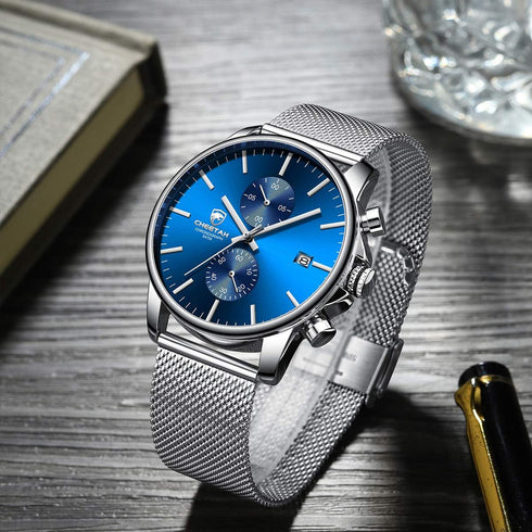 GOLDEN HOUR Mens Watch Fashion Sleek Minimalist Quartz Analog Mesh Stainless Steel Waterproof Chronograph Watches for Men with Auto Date...