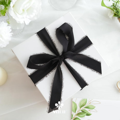 MEEDEE Black Chiffon Ribbon 1 Inch Frayed Ribbon Chiffon Silk Ribbon Black Fringe Ribbon Thin Chiffon Ribbons for Crafts, Gift Wrapping, Wedding I...