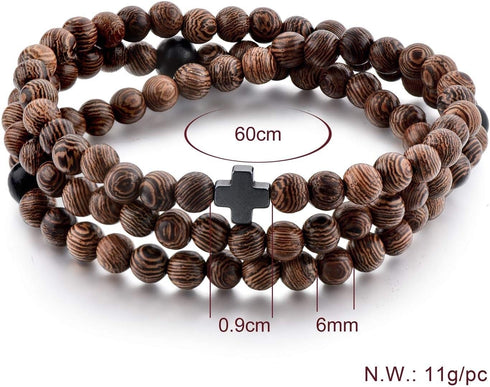Christian Prayer Beads Rope Bracelet | Wooden Beads + Hematite Cross | Women Men Children | Great Gift for any Occasion!...