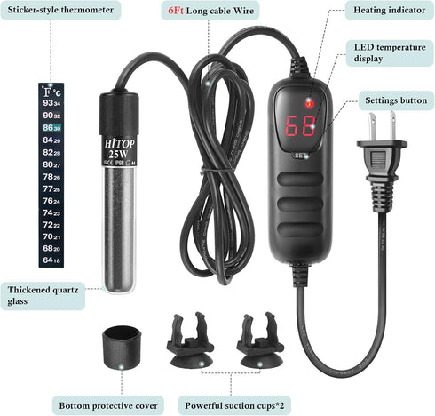 HITOP Mini Submersible Aquarium Heater - 25W 50W 100W 200W 300W Small Heater for Fish Tank 1-70 Gallon with Controller (25W)...