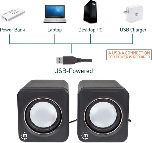 MANHATTAN USB Powered Stereo Speaker System - Small Size - with Volume Control & 3.5 mm Audio Plug to Connect to Laptop, Notebook, Desktop, Comput...