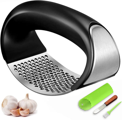 Garlic Press Rocker, Stainless Steel Garlic Mincer Crusher Professional Kitchen Gadgets Garlic Chopper with Ergonomic Handle, Silicone Garlic Peel...