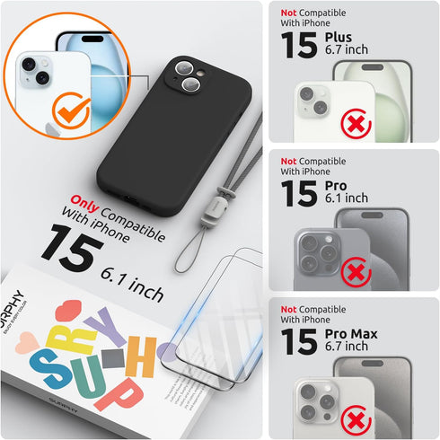 SURPHY Designed for iPhone 15 Case with Screen Protector and Lanyard, Phone Strap and Liquid Silicone Phone Case (Camera Protective + Soft Microfi...