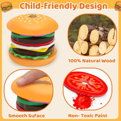 Montessori Toys for 2, 3, 4, 5, Year Old, Wooden Burger Stacking Toys, Fine Motor Toys for Kids Boys Girls, Ideal Preschool Educational and Learni...