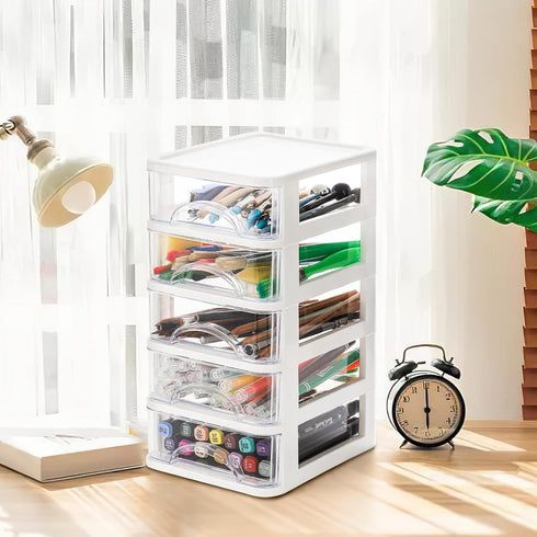 Hedume Desktop Drawer, Clear 5 Drawer Desktop Storage Unit, White Frame with Clear Drawers, Drawer Unit...