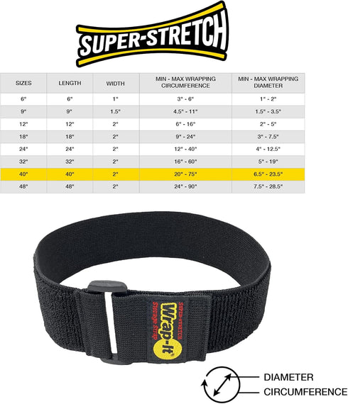 Super-Stretch Wrap-It Storage Straps, 40-in x 2-in (3-Pack) - Elastic Hook and Loop Cinch Straps - Pool Hose and Cable Straps, Garage and RV Stora...