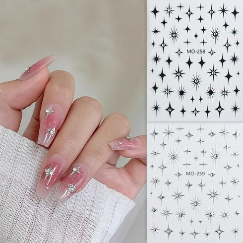 Star Nail Stickers 3D Self-Adhesive Black Silver Star Nail Art Stickers Shiny Crystal Starshine with Rhinestones Nail Design Star Stickers Nail Su...