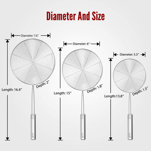 Hiware Extra Large Spider Strainer Skimmer Spoon for Frying and Cooking - Set of 3 Stainless Steel Wire Pasta Strainer with Long Handle, Professio...
