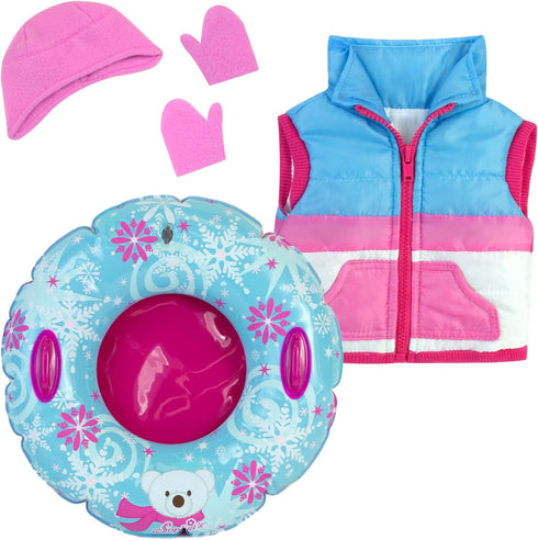Sophia's 18" Doll 4 pc. Winter Fun Set with Puffy Powder Blue, White, and Hot Pink Striped Vest, Pink Fleece Hat and Mittens, and Polar Bear Snowf...