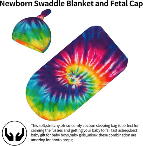 Tie Dye Colorful Rainbow Newborn Swaddle Blankets Beanie Hat Sets Soft and Stretchy Baby Blanket Swaddle Sack for Baby Shower Infant Boy and Girl...