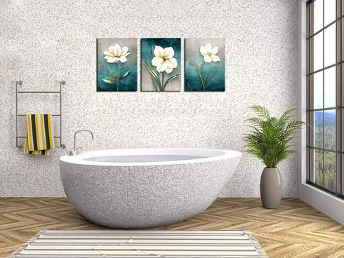 Flower Canvas Wall Art Cream White Floral Wall Decor Turquoise Tealish Grey Background Canvas Picture Modern Rustic Artwork Bathroom Bedroom Livin...