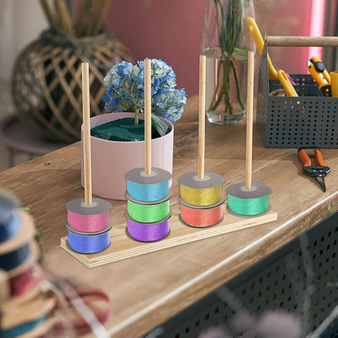 Wood Ribbon Organizer, Ribbon Storage Rack Ribbon Spool Holder Thread Spool Organizer for Sewing Storage Craft Room Yarn Florist Arts Wrapping Cra...