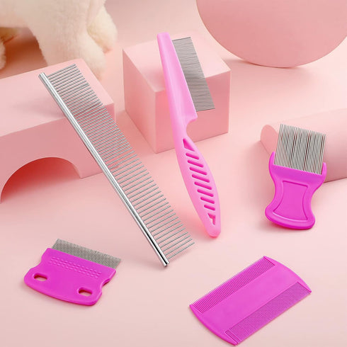 5 Pieces Dog Flea Comb Pets Grooming Comb Kit for Small Dogs Puppies Stainless Steel Teeth Dog Comb Tear Stain Remover Comb 2-in-1 Dog Combs with ...