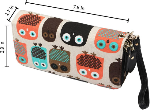 LATH.PIN Women Zipper Wallet Owl Wallet Purse Canvas Phone Card Holder with Coin Pocket and Strap...