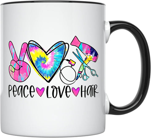 YouNique Designs Peace Love Hair Stylist Coffee Mug, 11 Ounces, Mug for Hairdresser, Hairstylist Cup for Women (Black Handle)...