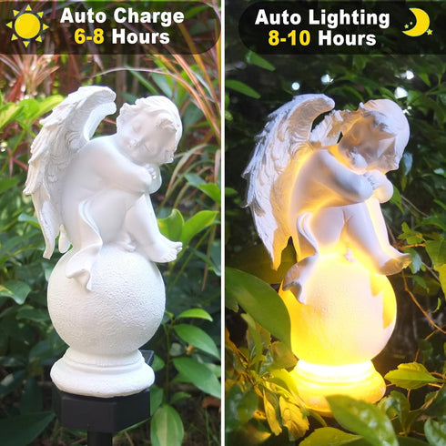 Solar Garden Statues Light, Lovely Waterproof Angel Boy Statues Light for Gravesite Decorations, Memorial Gift...
