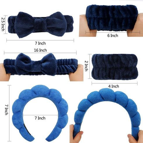 Spa Headband for Washing Face Makeup Headband Skincare Headband 6PCS Face Wash Headband Wrist Bands for Washing Face Dark Blue Sponge Hair Band Ha...