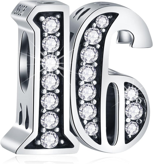5,10 to 50 52 55 56 60 65 70 75 80 Birthday Charms fits European Anniversary Bracelets, 925 Sterling Silver Number Charms with Clear CZ Stones, Gi...