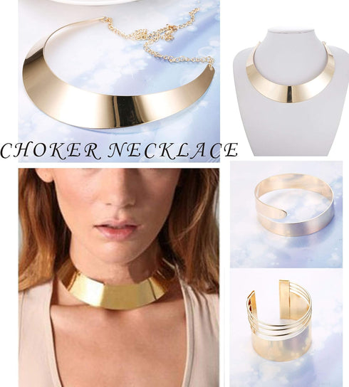 HANPABUM Women Gold Tone Choker Necklace and Cuff Bangle Bracelet Jewelry Set Exaggerated Punk Style (A:Gold Tone)...