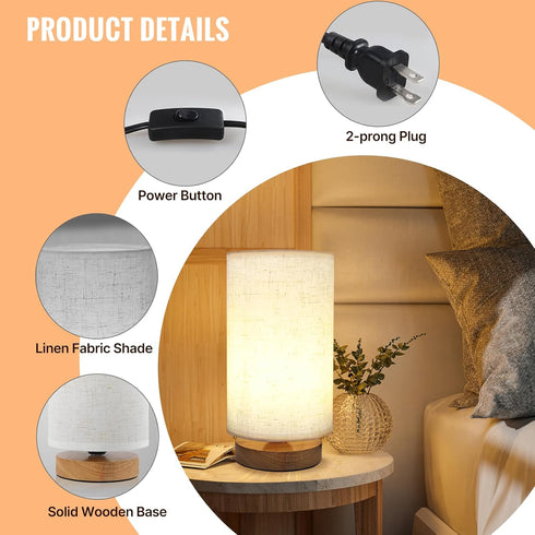 Table Lamp Minimalist Desk Lamp with Wooden Base Simple Nightstand Lamp with Linen Fabric Shade Bedside Lamp for Bedroom Kids Room Living Room Off...