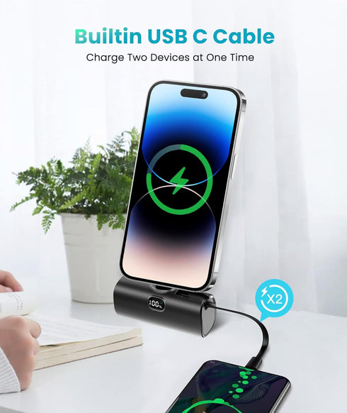 Small Portable Charger for iPhone 14/15 Pro Max, 5000mAh Mini Power Bank Builtin USB C Cable 15W Fast Battery Charger Bank Compatible with iPhone/...