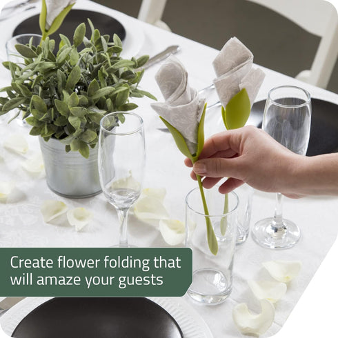 Peleg Design Bloom Napkin Holders for Tables, Set of 4 Green Stemmed Plastic Twist Flower Buds Serviette Holders Plus White Napkins for Making Ori...