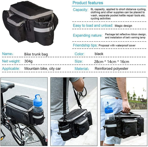 Bike Pannier Bag - Durable & Waterproof Nylon with Reflector Handbag | Shoulder Strap Rack Rear Trunk Tote Bag | Zipper Pockets & Bottle Case...