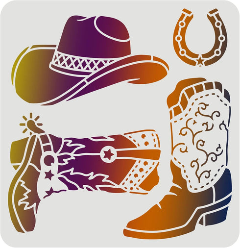 FINGERINSPIRE Cowboy Boots and Hat Stencil 11.8x11.8inch Reusable Cowboy Stencils Western Cowboy Stencils for Painting on Wood, Tile, Paper, Fabri...