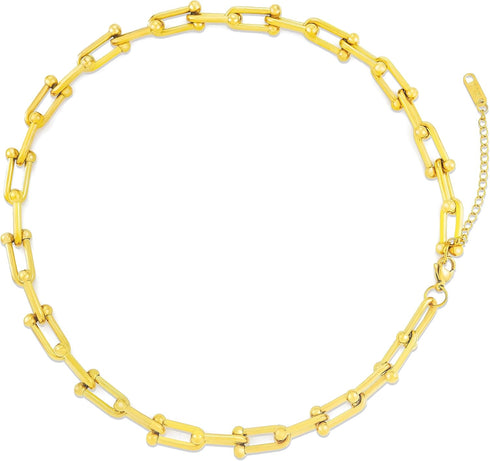 Chunky Gold Necklace For Women, Gold Choker Necklaces, Ushape Gold Paperclip Chain Necklace, Gold Link Chain necklace, 16+2", Gold Plated, No Gems...