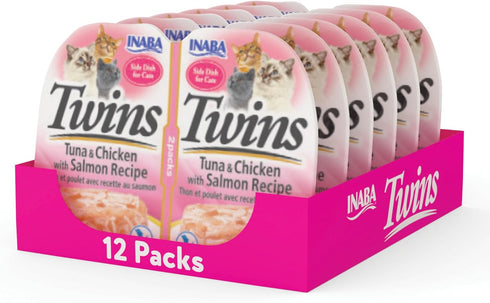 INABA Twins for Cats, Shredded Chicken & Broth Gelée Side Dish/Topper Cups with Green Tea Extract, 1.23 Ounces per Serving, 12 Servings, Tuna & Ch...