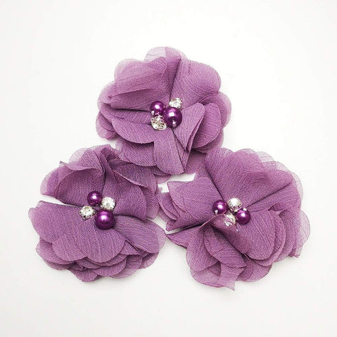 Chenkou Craft Pack of 12pcs Chiffon Flowers Ribbon Bows W/Beads 2-3/8" (60mm) Appliques Wedding Decor Bulk Lots (Mauve)...