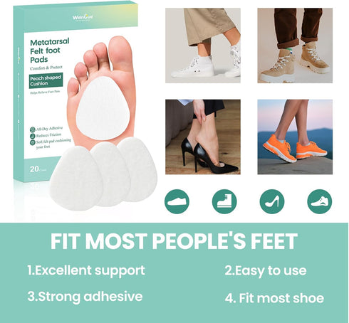 Welnove Metatarsal Foot Pads for Pain Relief - 20 Pieces Ball of Foot Cushion for Women & Men - 1/4" Thick Adhesive Foam Felt Pads, Forefoot and S...