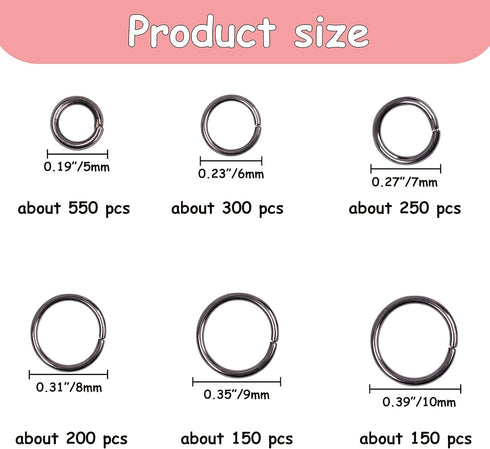 YAKA 1600Pcs 6 Different Sizes Open Jump Rings,5mm 6mm 7mm 8mm 9mm 10mm Ring Jewelry Keychain for Jewelry Making Accessories,1Pcs Jump Ring Open/C...