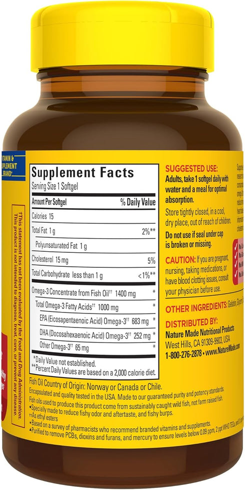 Nature Made Burp Less Ultra Omega 3 Fish Oil 1400 mg, Fish Oil Supplements, Omega 3 Supplement for Healthy Heart, Brain and Eyes Support, One Per ...
