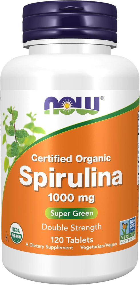 NOW Supplements, Certified Organic, Spirulina 1000 mg (Double Strength), Rich in Beta-Carotene (Vitamin A) and B-12 with naturally occurring GLA ,...