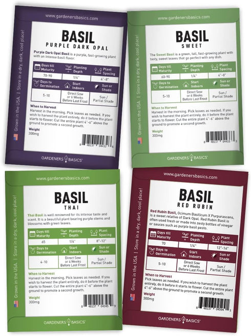 Gardeners Basics, Basil Seeds for Planting Home Garden - 8 Variety Herb Pack Genovese, Large Leaf, Lemon, Thai, Red Rubin, Cinnamon, Sweet and Pur...