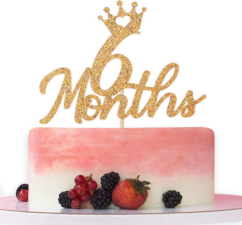 Gold Glittery 6 Months Cake Topper for Baby's Half Year Old Birthday Party, 1/2 Birthday, First Birthday, Baby Shower, Half Year Anniversary Party...