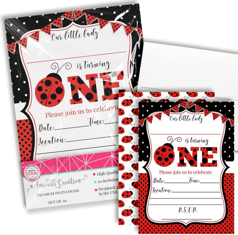 Red Ladybug First Birthday Party Invitations for Girls, 20 5x7 Fill In Cards with Twenty White Envelopes by AmandaCreation...