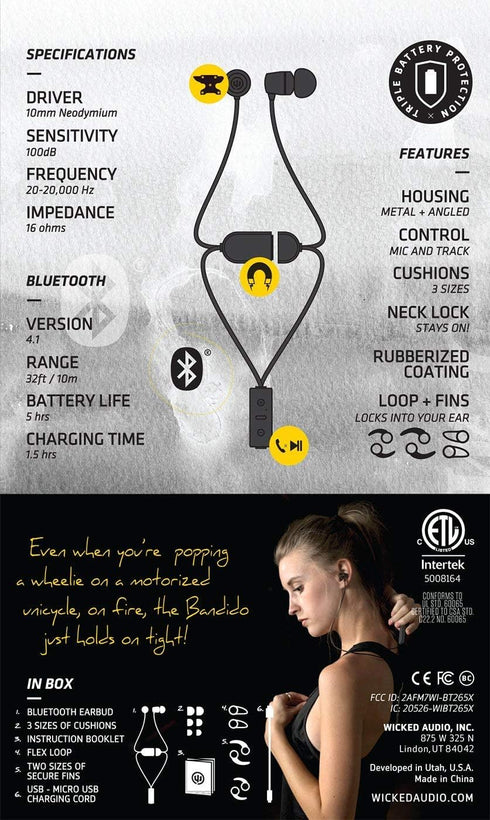 Wicked Audio Bandido Wireless — Bluetooth Earbuds with Microphone and Track Control — Wireless Headset with Metal Housing, Loop and Fin Attachment...