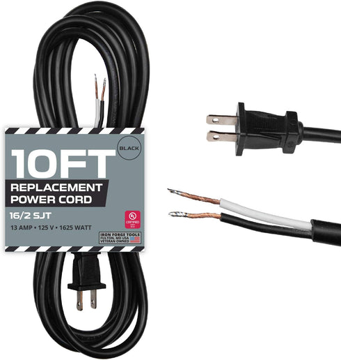 Iron Forge Cable 16 AWG Replacement Power Cord with Open End - 10 Ft Black Extension Cable, 2 Wire 16/2 SJT...