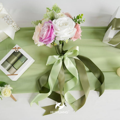 HUIHUANG Sage Green Ribbon 1-1/2 inch Light Sage/Dusty Sage/Moss Green/Antique White Satin Ribbon Set for Flower Bouquet, Gift Wrapping, Hair Bows...