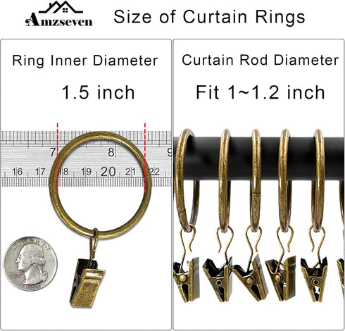 40 Pack Metal Curtain Rings with Clips, Drapery Clips Hooks, Decorative Curtain Rod Clips 1.5 in Interior Diameter, Antique Bronze...